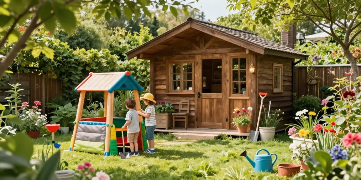 Gemütliches Gartenhaus im Grünen mit spielenden Kindern und Gartenwerkzeugen.