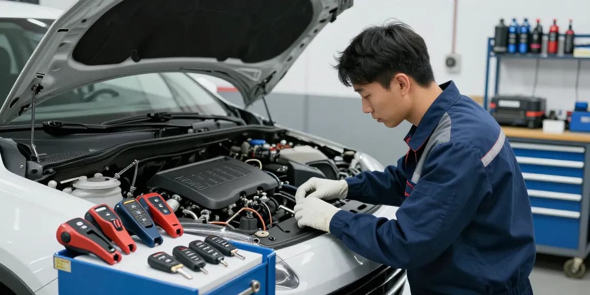 Experte arbeitet an einem Auto, während Ersatzschlüssel Auto in der Nähe liegen.