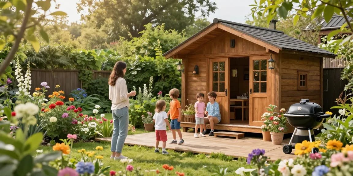 Gartenhaus Holz umgeben von Blumen und spielenden Kindern, einladende Gartenatmosphäre.