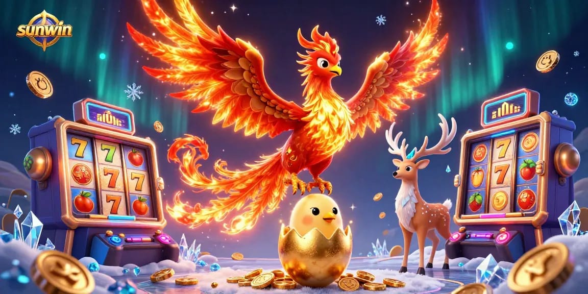 Engage with sunwin's vibrant casino scene featuring a phoenix and slot machines.