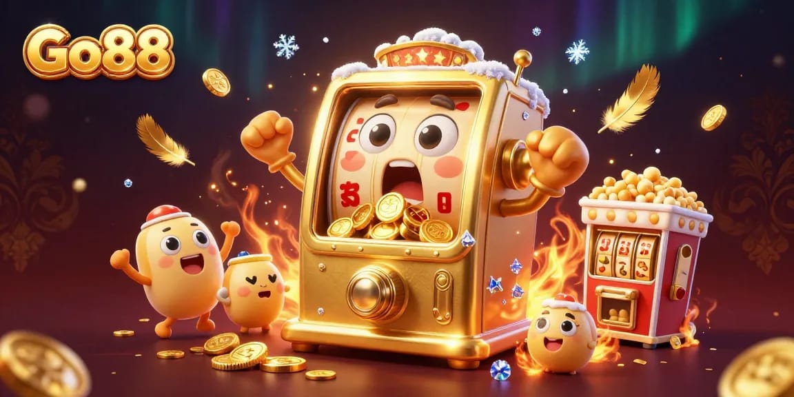 Celebrate winning at Go88 with a golden slot machine hitting the jackpot, surrounded by cheering machines and gold coins.