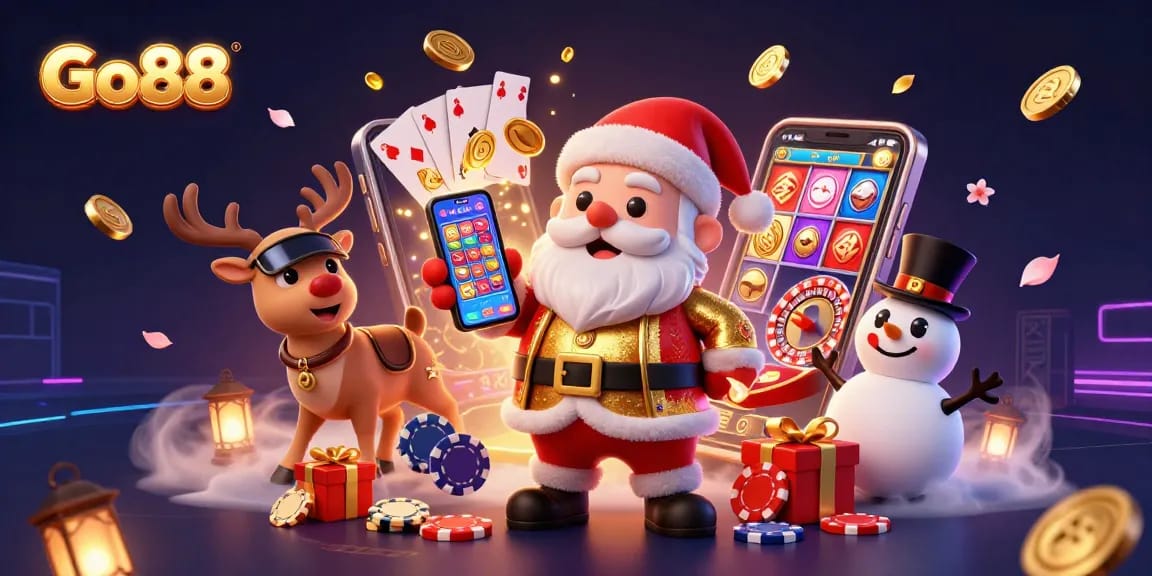 Experience Go88 with Santa in a vibrant casino scene showcasing slots, cards, and festive elements.
