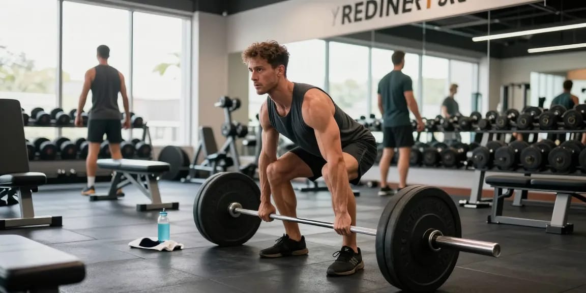 Aktiver Mann im Selliza Shop Fitnessstudio beim Deadlifts mit Hantel, motivierende Atmosphäre und gutes Licht.
