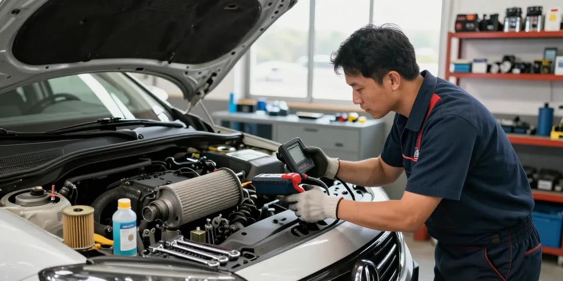 Mechaniker beim DPF-Reinigen in einer Werkstatt mit modernem Equipment.