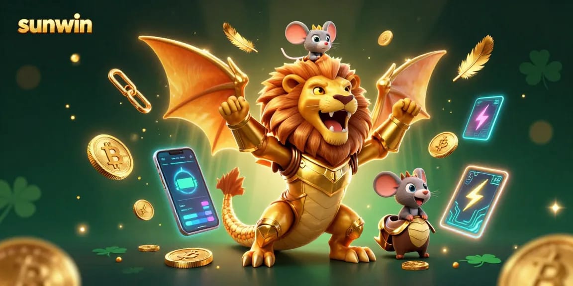 Experience sunwin with dynamic 3D casino action, featuring crypto coins and a victorious chimera in a vibrant scene.