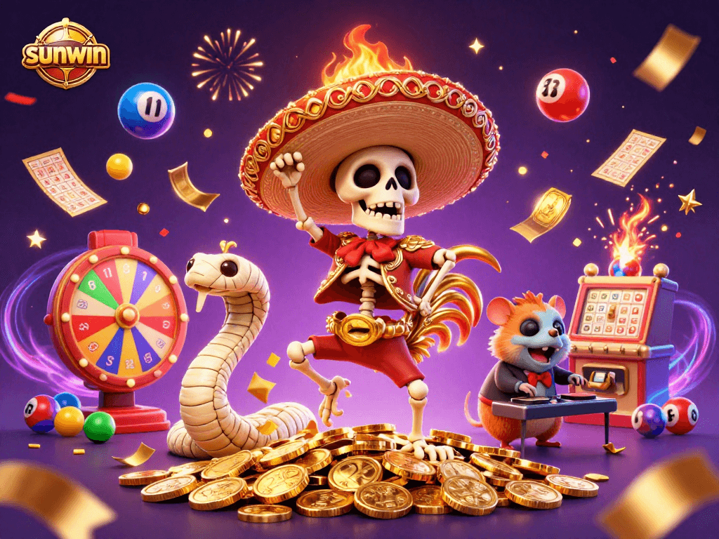 Engage in thrilling action with sunwin as skeleton mariachi rooster celebrates winnings amidst vibrant casino elements.
