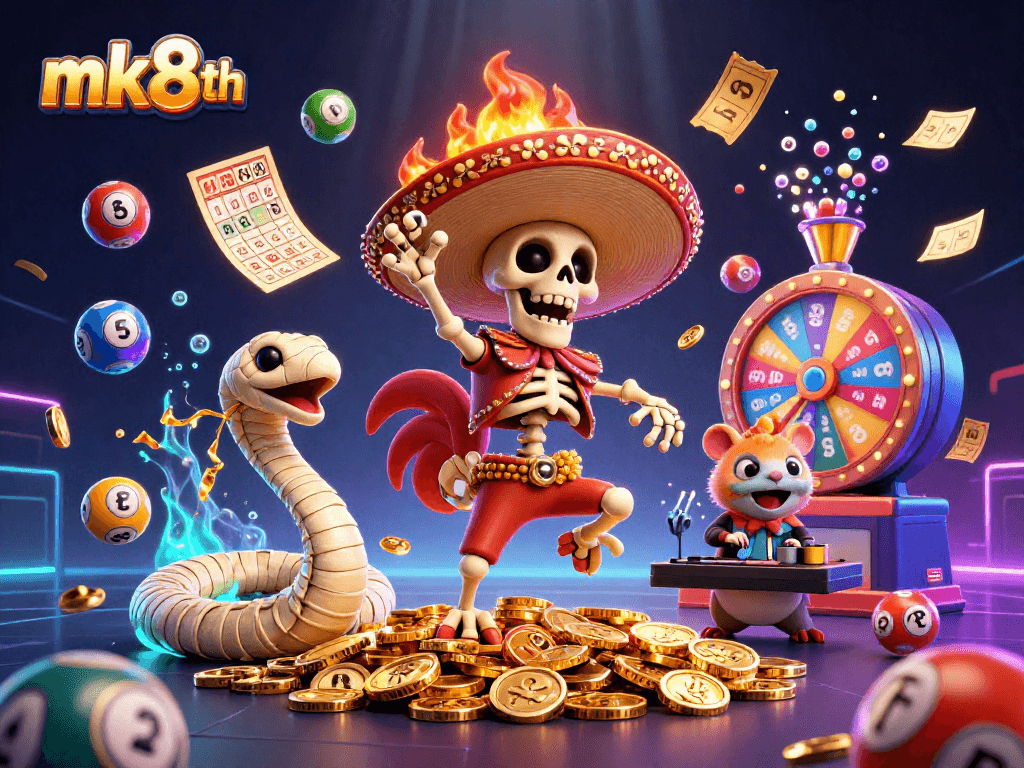 Experience exciting winnings with mk8th, featuring a vibrant 3D cartoon celebration of a victorious skeleton rooster and colorful lottery elements.