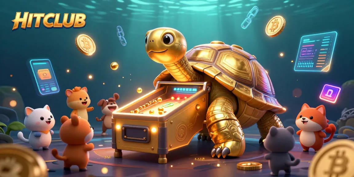 Engage with HITCLUB's lively gaming world with a golden tortoise and vibrant crypto elements.
