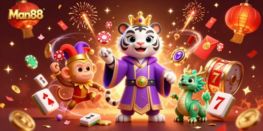 Experience the excitement at Man88 with vibrant casino characters and dynamic imagery.
