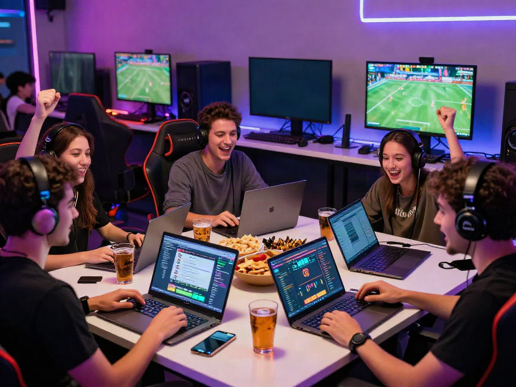 Group of friends enjoying an online gaming experience at DA88, celebrating a win with laptops and mobile devices in a vibrant gaming lounge.