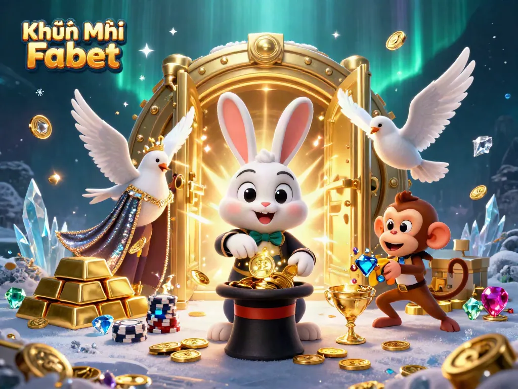 Experience Khuyến Mãi Fabet with magical rabbit pulling coins, surrounded by dazzling treasures and effects.