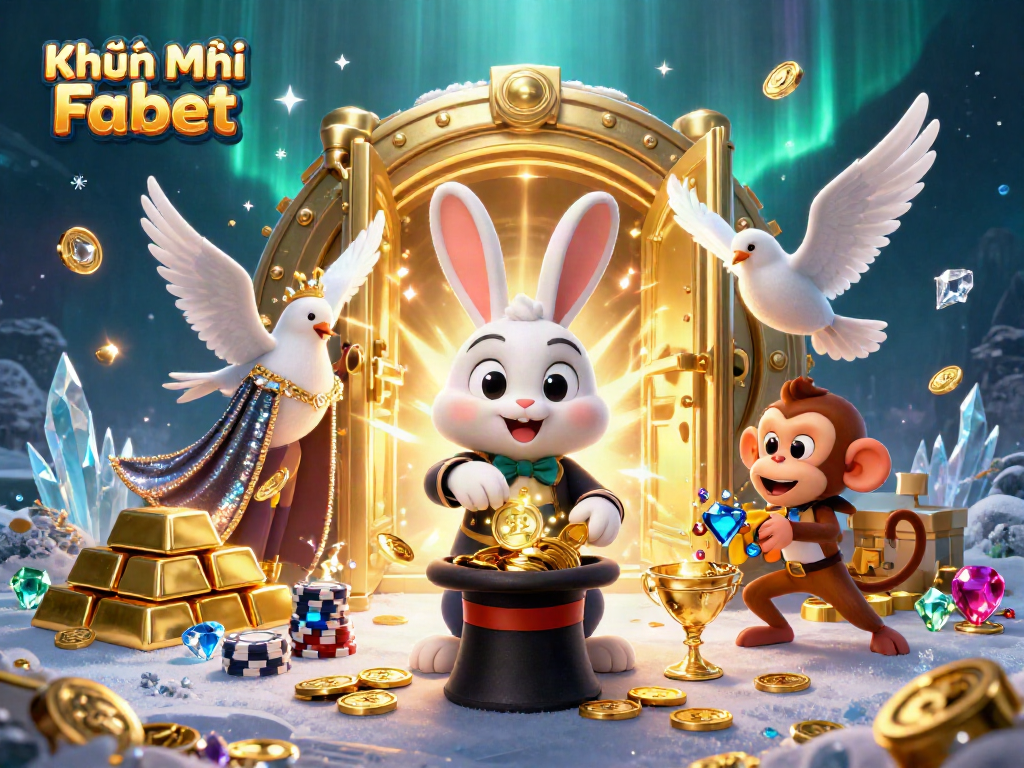 Experience Khuyến Mãi Fabet with magical rabbit pulling coins, surrounded by dazzling treasures and effects.