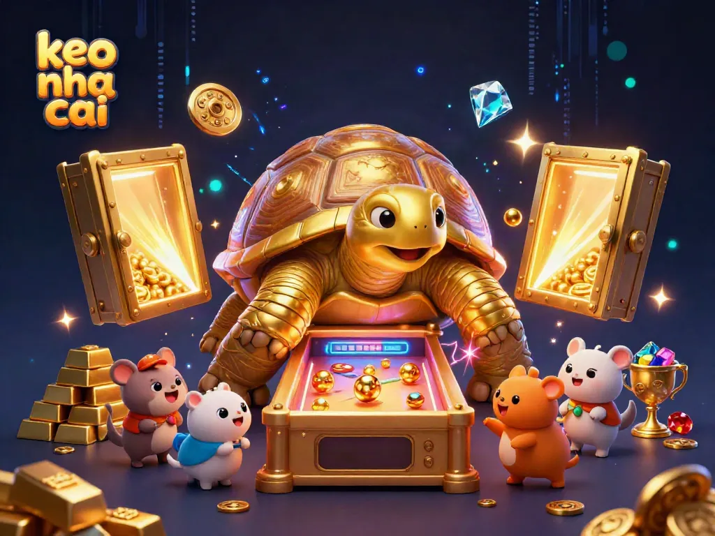 Experience the keo nha cai magic with a dynamic 3D scene featuring a colossal golden tortoise, sparkling treasures, and playful animals.