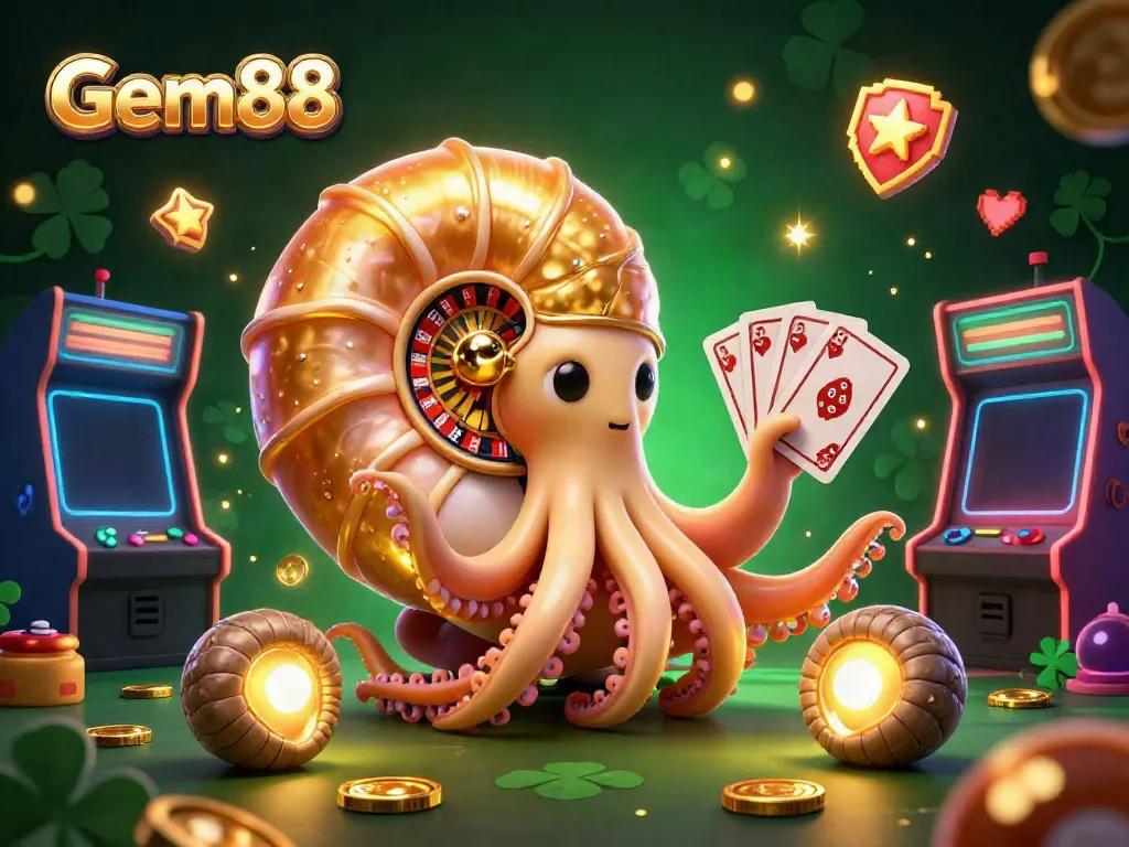 Experience the vibrant gaming world of Gem88, featuring a giant nautilus as a roulette wheel and glowing game machines.