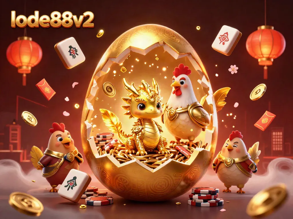 Engage with lode88v2 through this vibrant scene showcasing a golden dragon amid a colorful casino atmosphere.