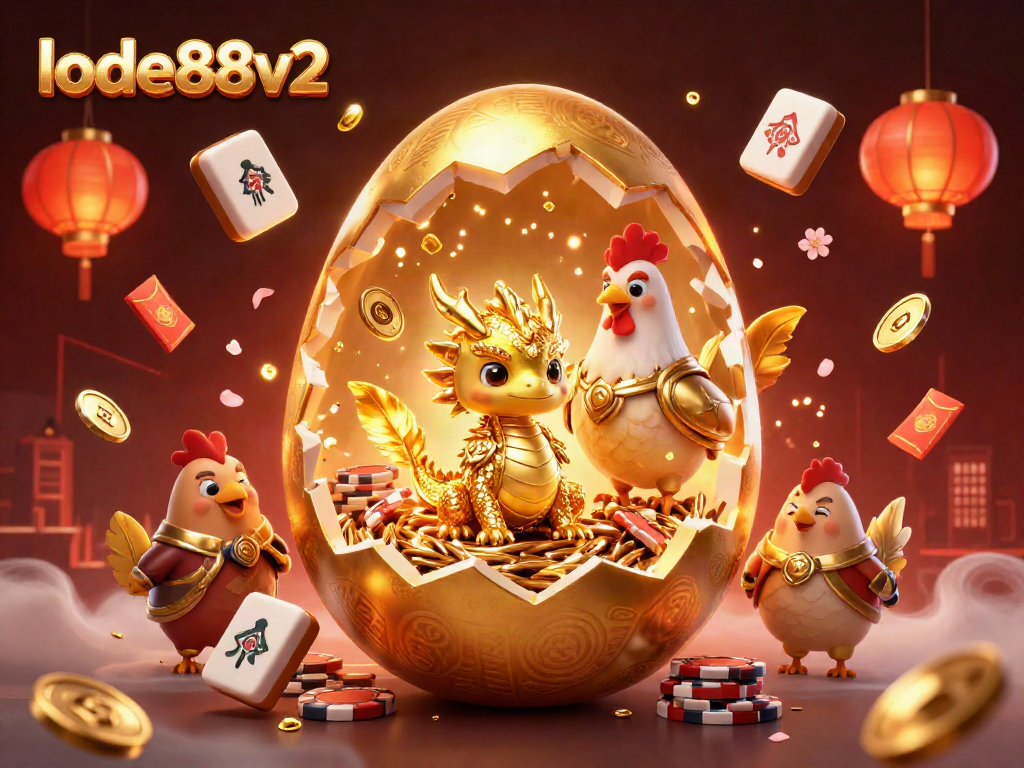 Engage with lode88v2 through this vibrant scene showcasing a golden dragon amid a colorful casino atmosphere.