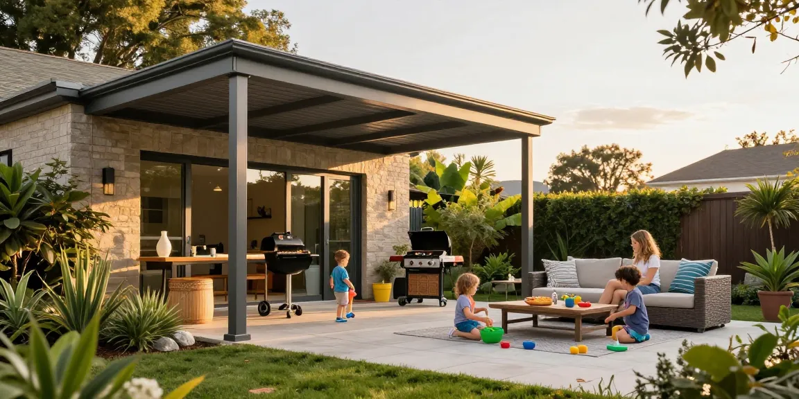 Moderne Terrassenüberdachung in einem einladenden Garten mit Familie, die grillt und spielt.