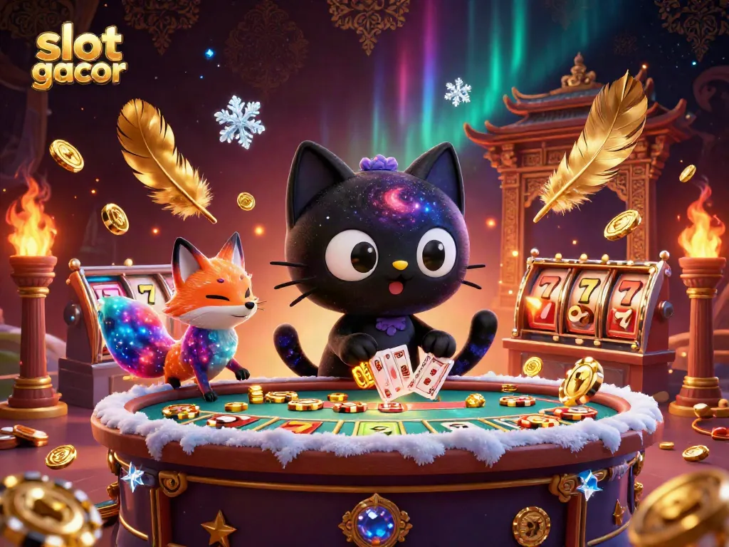 Experience thrilling slot gacor action with a cosmic black hole cat and a vibrant nebula fox capturing golden chips and cards.