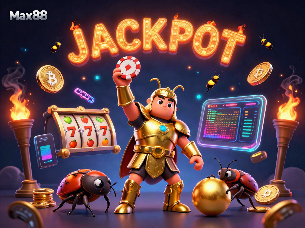 Max88's vibrant illustration showcasing a heroic beetle lifting a poker chip, surrounded by exciting casino elements.