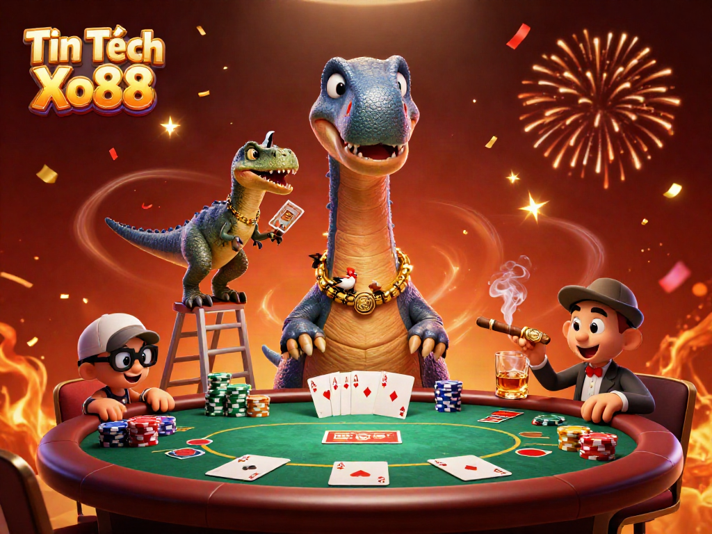 Tin Tức Xo88 showcases a tall brontosaurus towering over a poker table while a clever raptor deals cards.