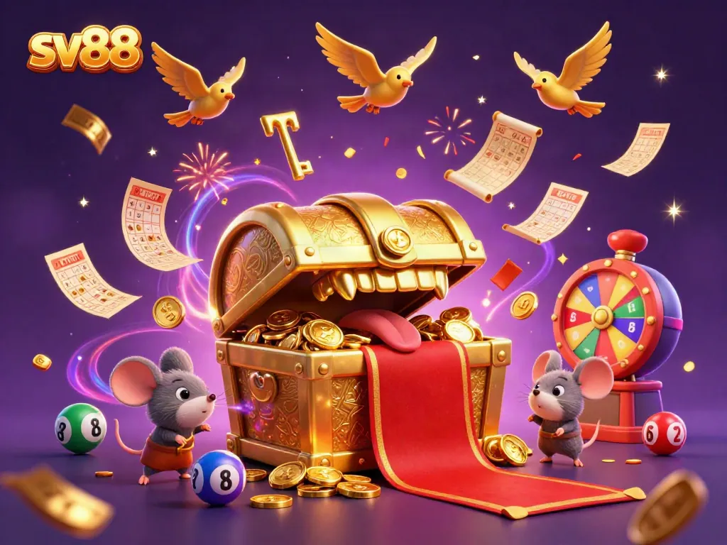 Engage with sv88's thrilling lottery adventure featuring vibrant balls and a treasure chest!