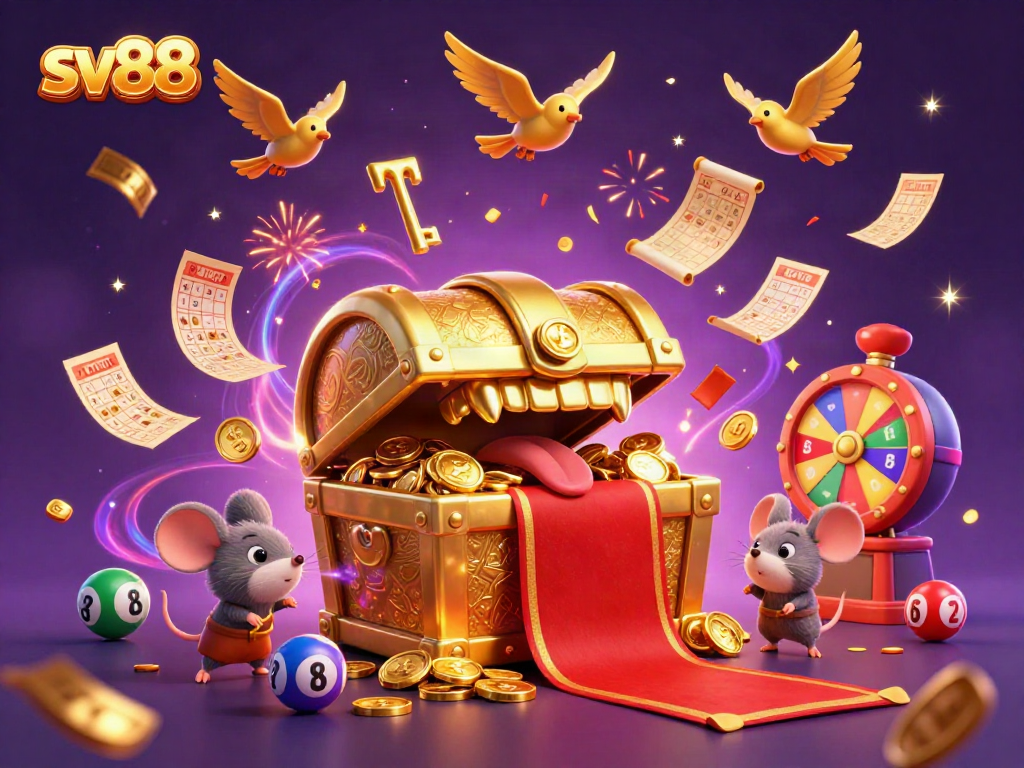 Engage with sv88's thrilling lottery adventure featuring vibrant balls and a treasure chest!