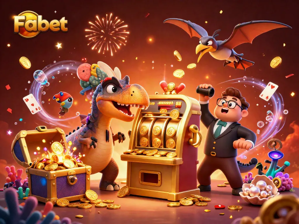 Fabet offers an exhilarating casino experience as a pachycephalosaurus hits a jackpot slot machine.