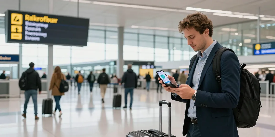 Airport traxi Frankfurt traveler using app for quick transport options at Frankfurt Airport.