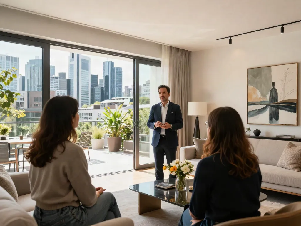 Bester Immobilienmakler Frankfurt zeigt eine luxuriöse Immobilie in Frankfurt mit potenziellen Käufern in einem einladenden modernen Wohnraum.