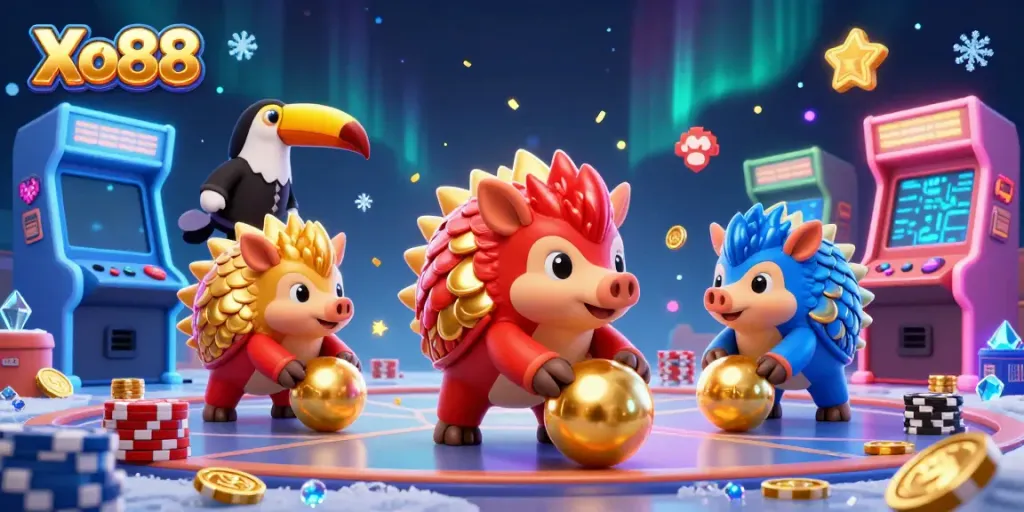Xo88 pangolins bowling through poker chips in a vibrant 3D casino illustration.