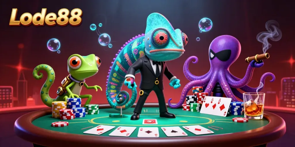 Experience thrilling gameplay at Lode88 featuring lively characters around a poker table.