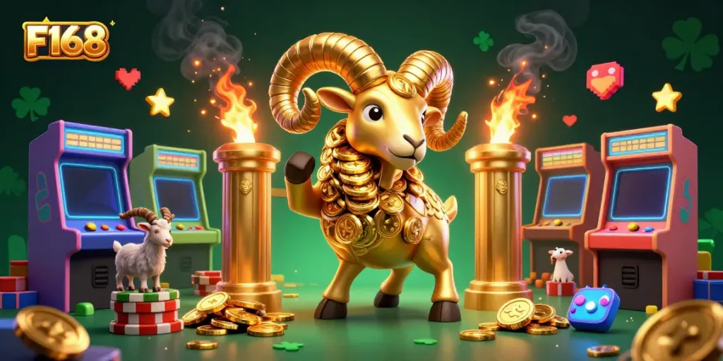 Experience the excitement of F168 with an ultra-detailed cartoon scene featuring a golden ram charging through a gaming paradise.