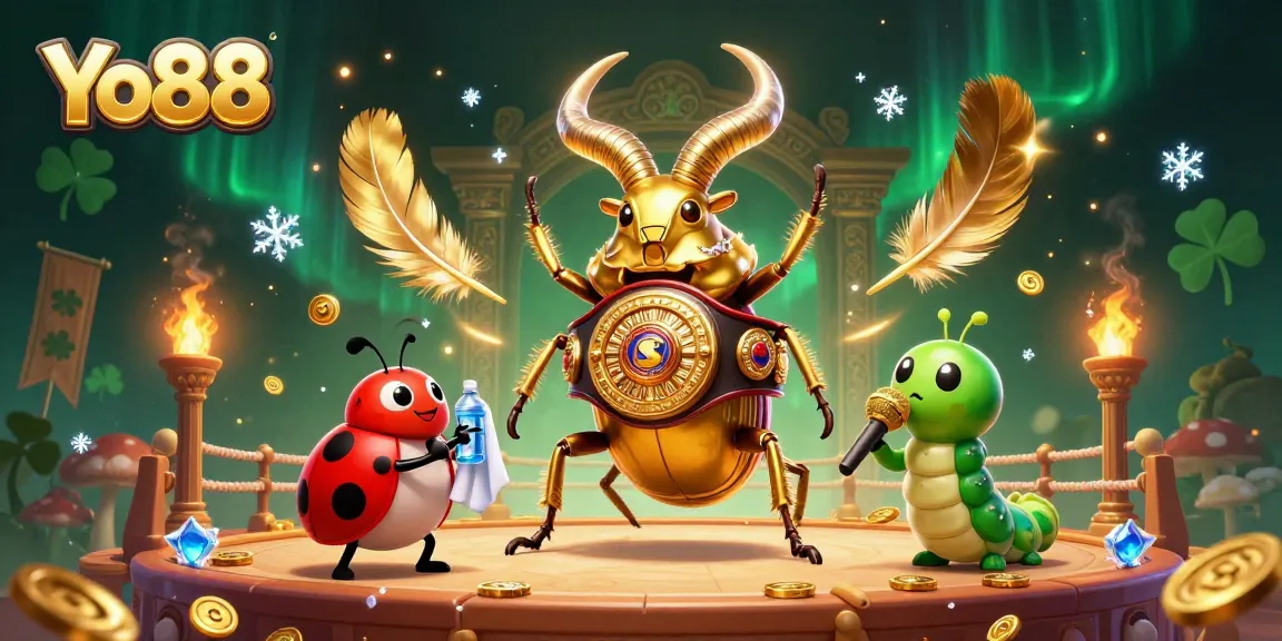 Experience the excitement of Yo88 with a vibrant 3D casino showdown featuring captivating characters and golden game elements.