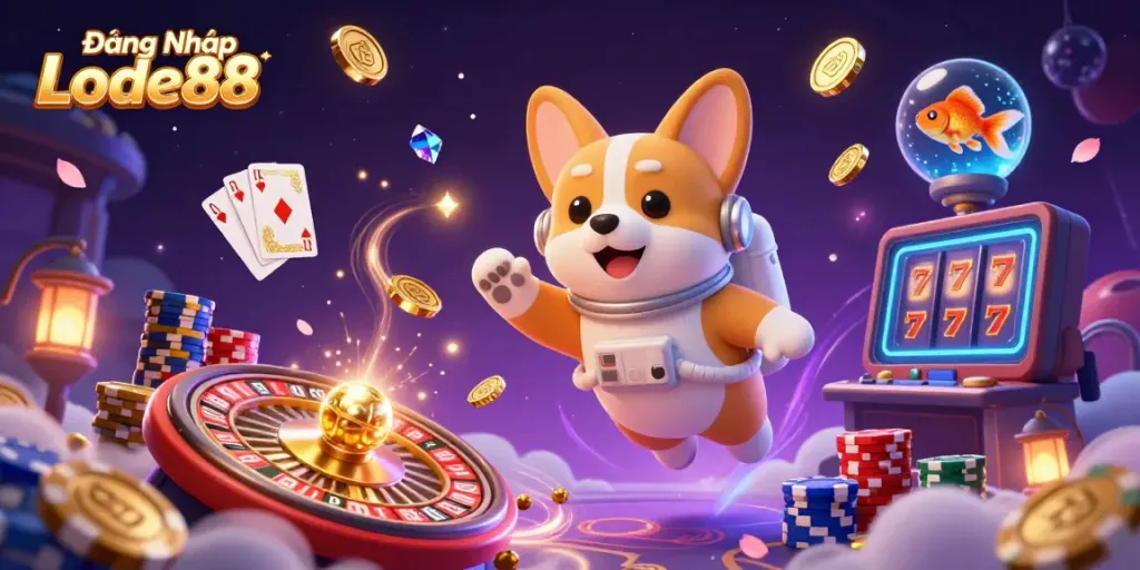 Experience Đăng Nhập Lode88 in a dynamic casino space with a cartoon astronaut corgi, floating poker chips, and dazzling gold coins.