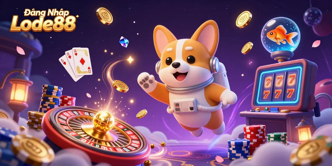 Experience Đăng Nhập Lode88 in a dynamic casino space with a cartoon astronaut corgi, floating poker chips, and dazzling gold coins.