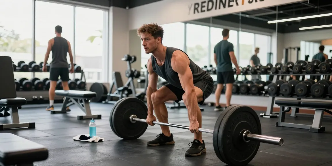 Aktiver Mann im Selliza Shop Fitnessstudio beim Deadlifts mit Hantel, motivierende Atmosphäre und gutes Licht.