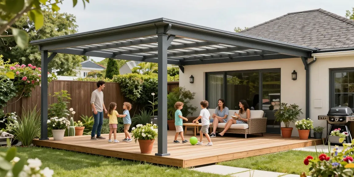 Moderne Terrassenüberdachungen aus Aluminium schaffen einen einladenden Gartenplatz für unvergessliche Familientreffen.