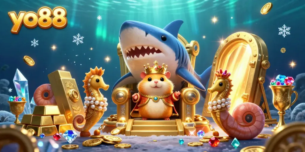 Experience the thrilling world of yo88 with a golden hamster king on a megalodon throne surrounded by treasure.