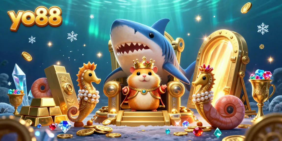 Experience the thrilling world of yo88 with a golden hamster king on a megalodon throne surrounded by treasure.