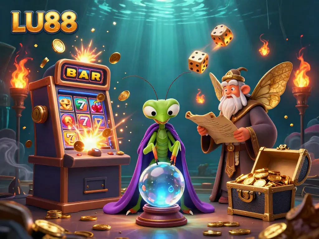 LU88 brings fortune with vibrant casino elements, featuring fortune teller and slot machine treasures.