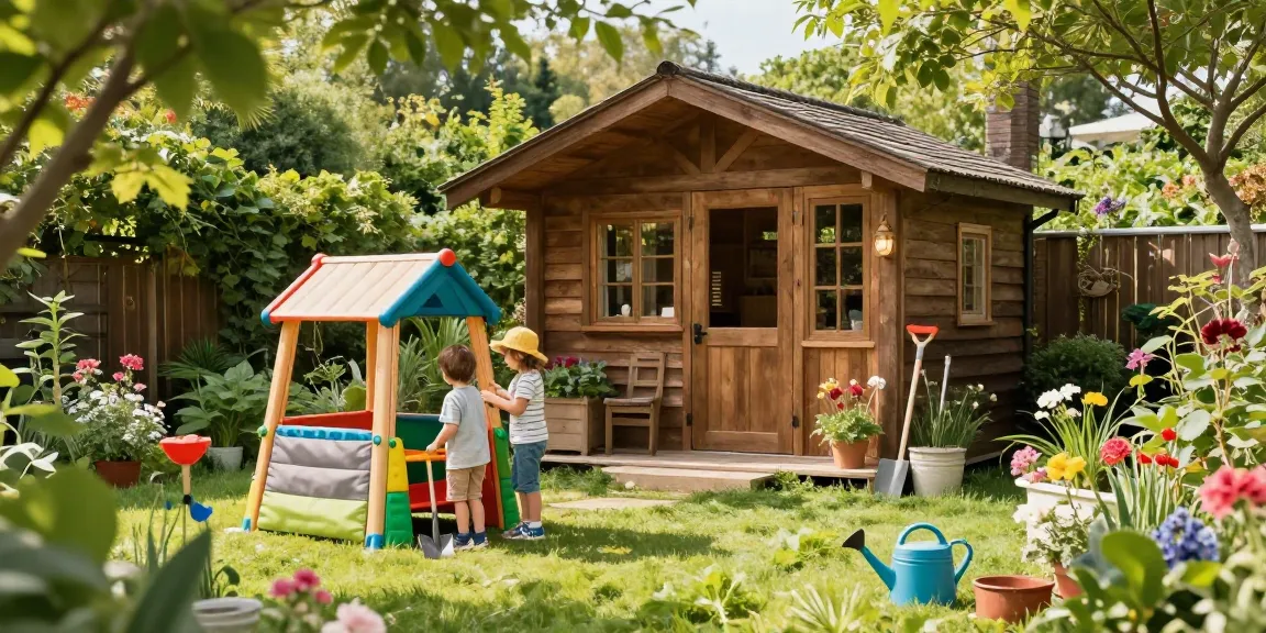 Gemütliches Gartenhaus im Grünen mit spielenden Kindern und Gartenwerkzeugen.