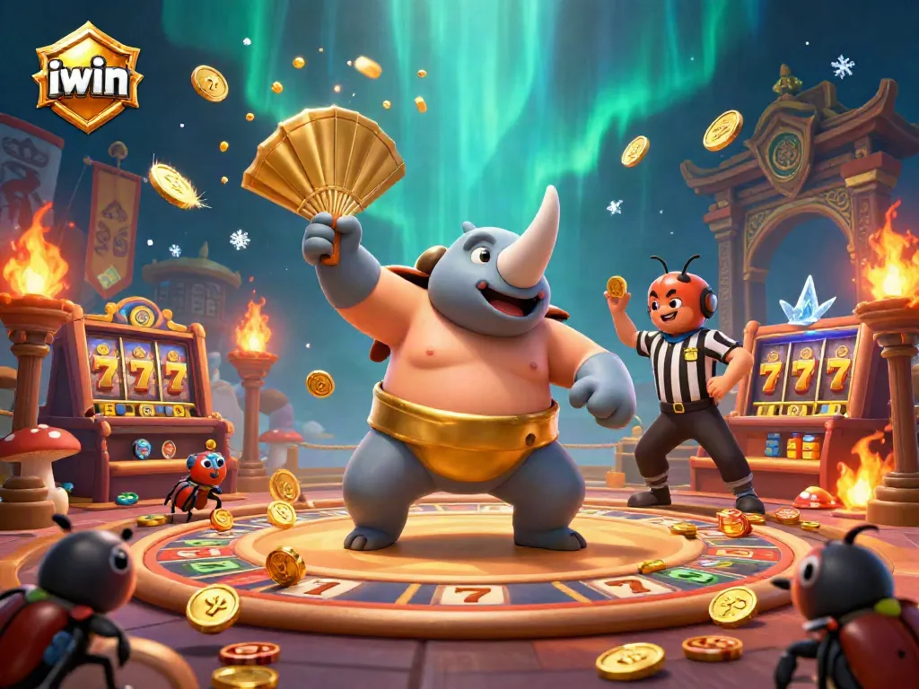 Engage with iwin's lively casino scene featuring a beetle sumo champion amidst slot games and gold coins.