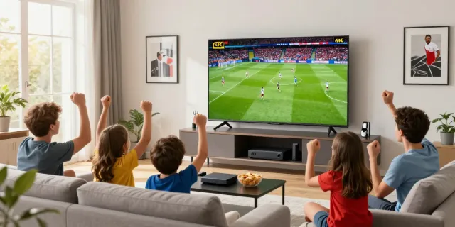 Family enjoying IPTV Deutschland while watching a live soccer match in 4K at home.