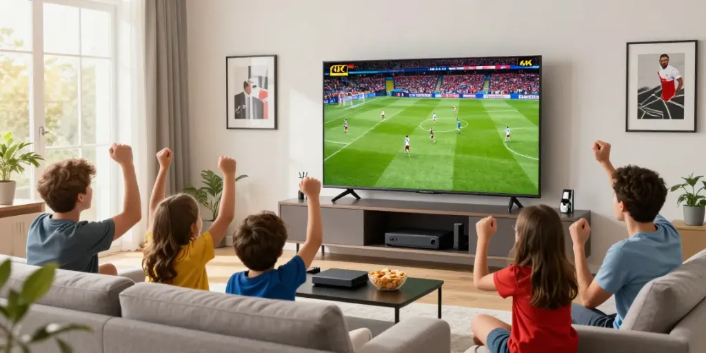 Family enjoying IPTV Deutschland while watching a live soccer match in 4K at home.