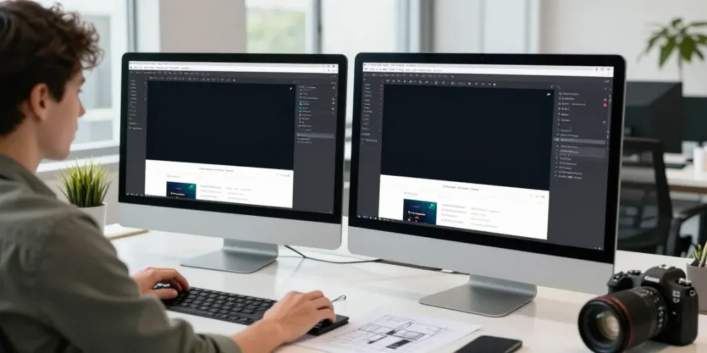 Webdesign Saarland, kreatives Studio mit Designer am Laptop, umgeben von modernen Arbeitsmitteln.
