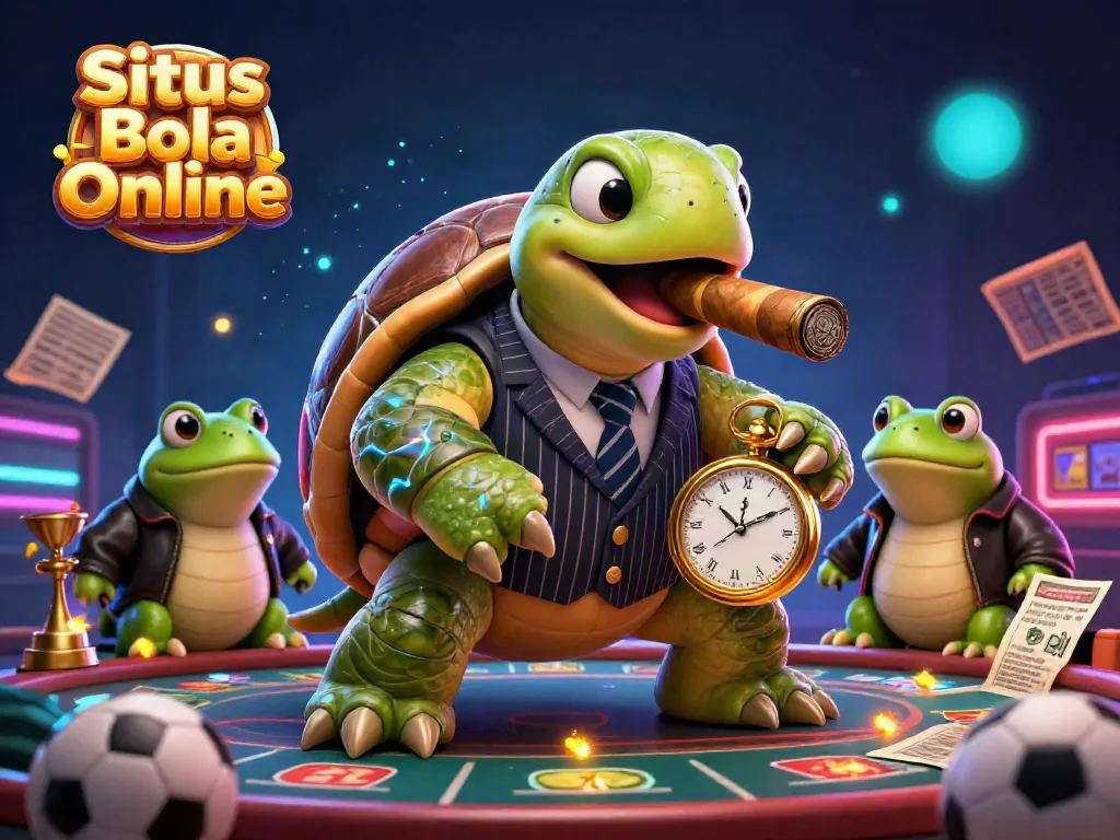 Situs Bola Online showcases a vibrant 3D scene with betting champions and sports elements, enhancing the excitement of online gambling.