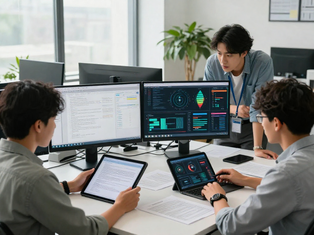 Team analyzing document fraud detection metrics in a modern office setting, showcasing advanced technology and collaboration.