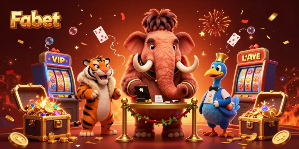 Fabet brings excitement to online gambling with a vibrant scene showcasing a mammoth bouncer, saber-tooth VIP, and dodo doorman amidst slot machines and rich rewards.