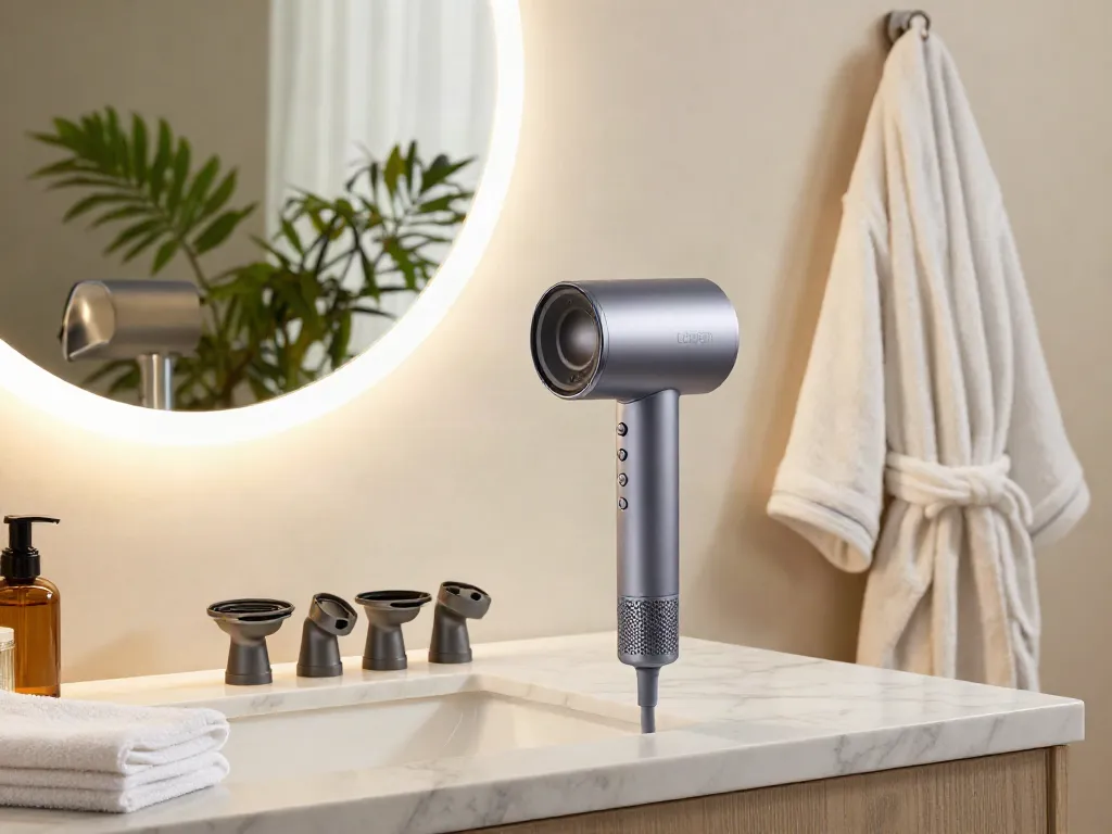 Der Laifen Air Pro Haartrockner in einem eleganten Badezimmer mit luxuriösem Dekor und Pflanzen im Hintergrund.