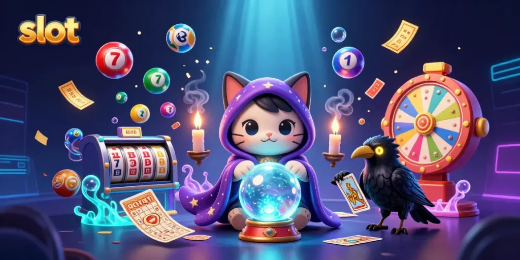 Engaging slot scene featuring the mystic cat and raven surrounded by colorful slot elements and jackpot symbols.